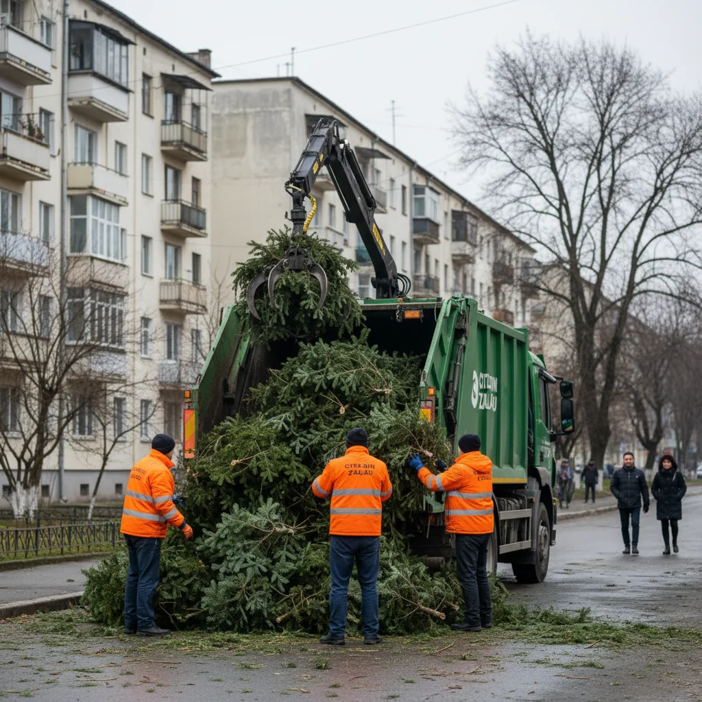 Colectarea brazilor de Crăciun a început la Zalău: Citadin ridică pomii despodobiți din punctele gospodărești