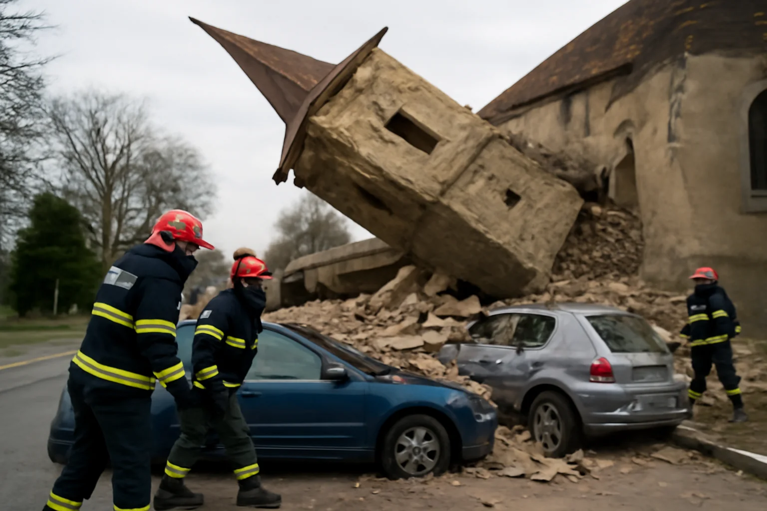 FOTO. Prăbușire dramatică a turnului unei biserici reformate în Cehu Silvaniei, peste autoturisme; pompierii verifică zona pentru victime