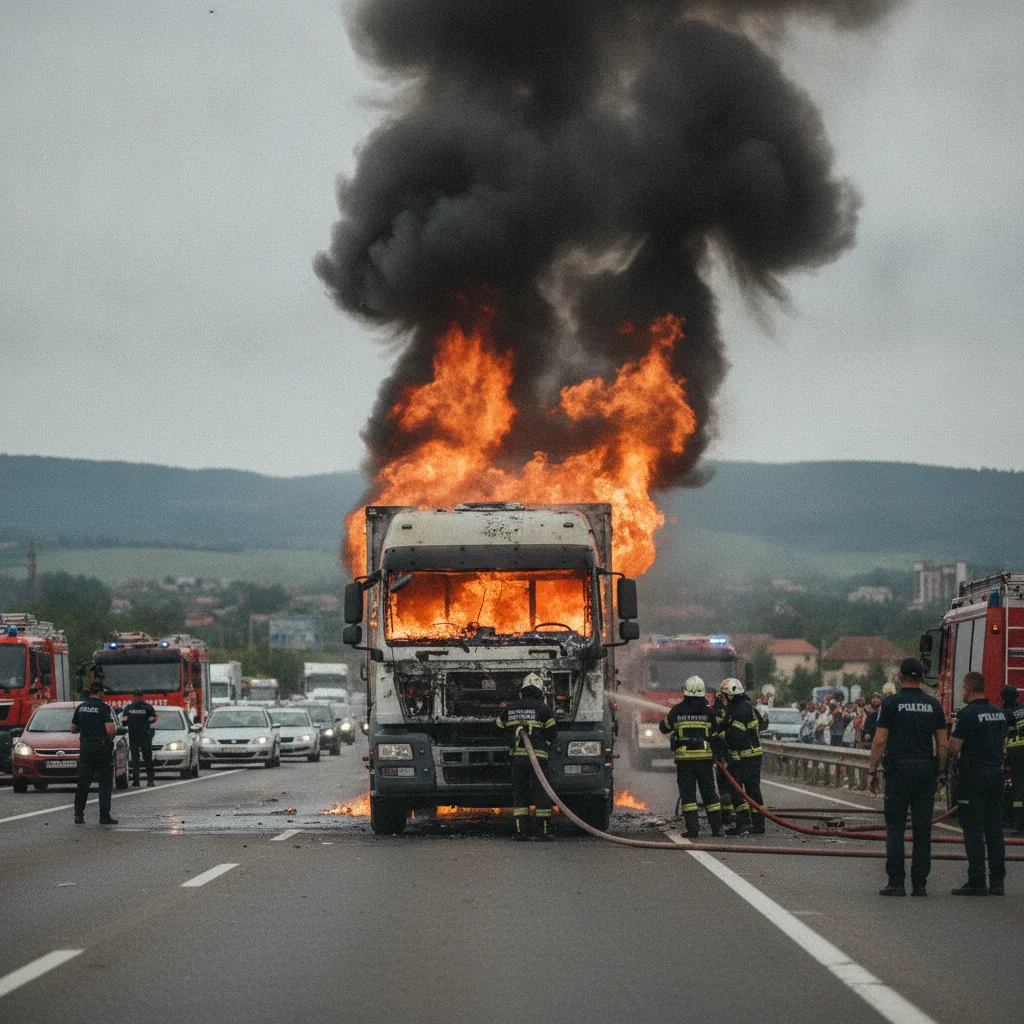 Incendiu la un camion pe Centura Zalăului: Trafic afectat