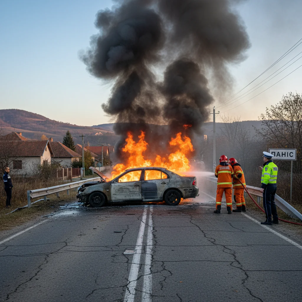 Mașină cuprinsă de flăcări după un impact pe DN 1F, lângă Zalău, în localitatea Panic