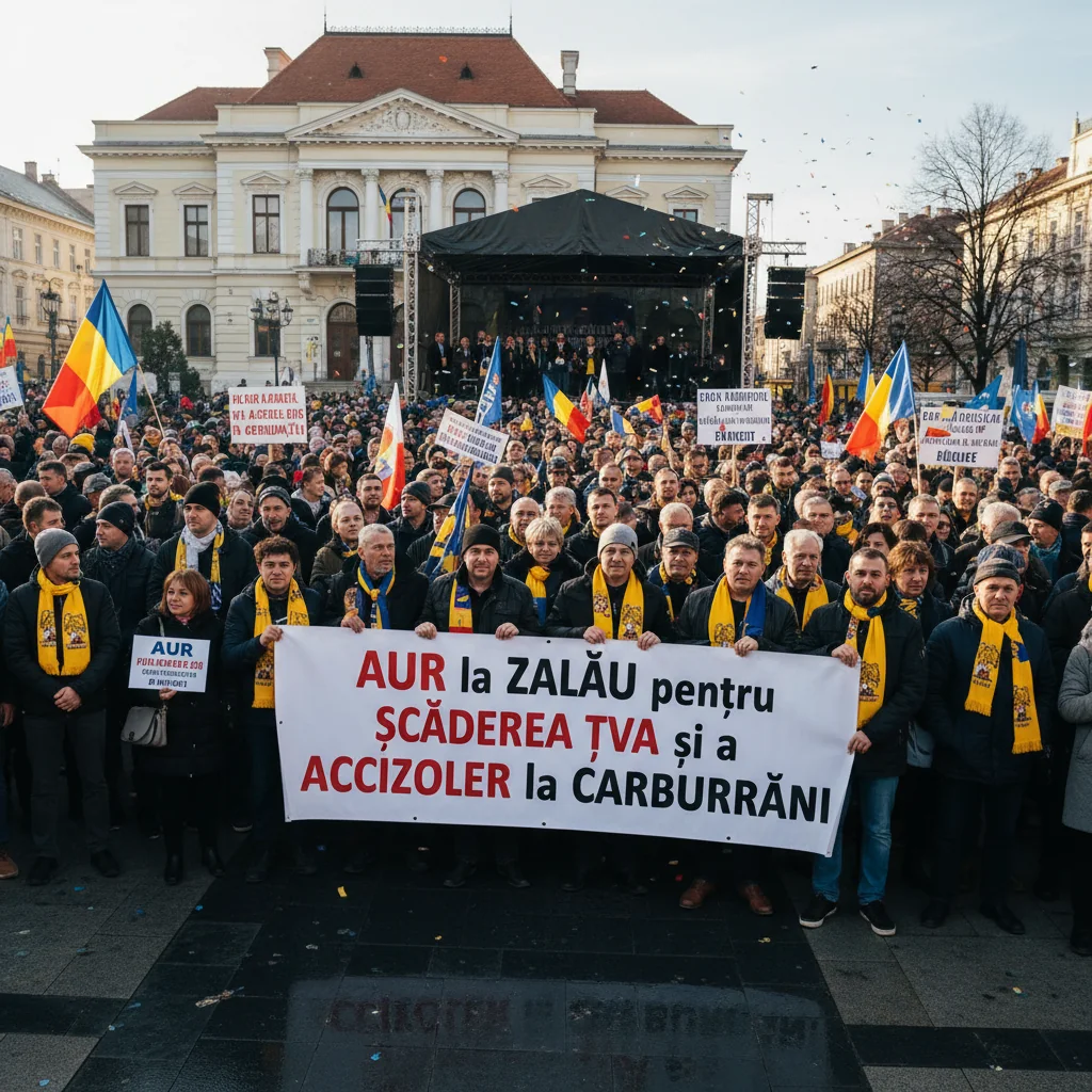 Protest AUR la Zalău pentru reducerea taxelor la carburanți și demisia Guvernului