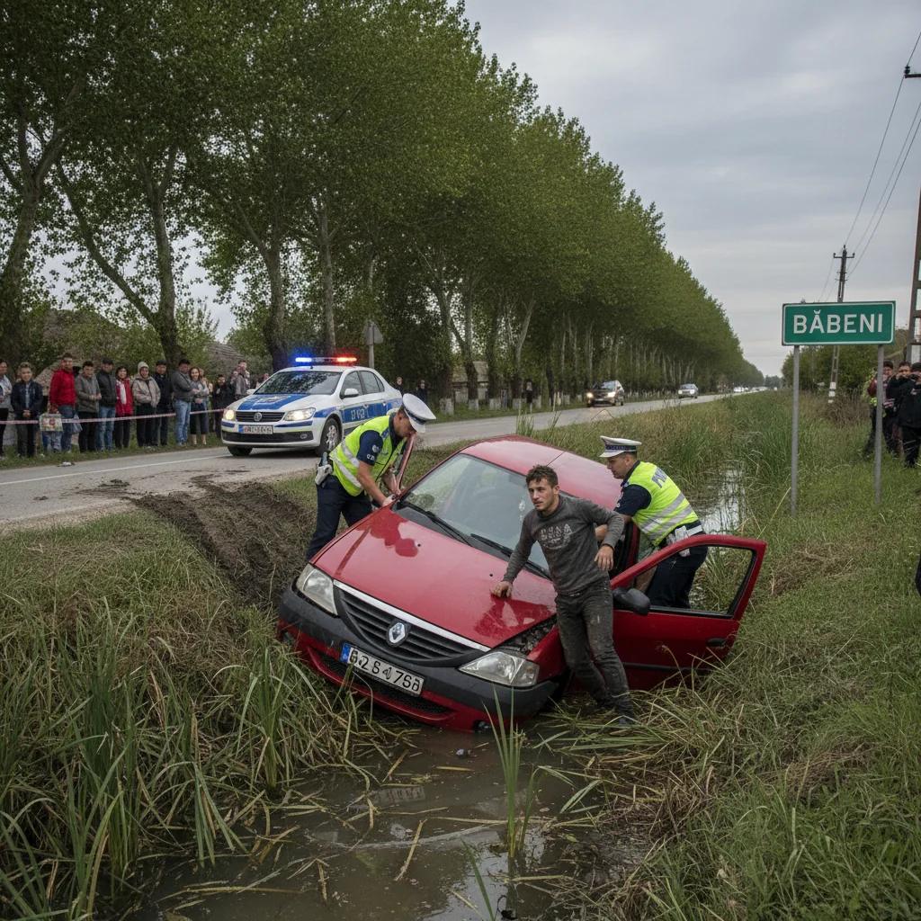 Tânăr din Băbeni, depistat băut la volan după ce a ajuns cu mașina în șanț, caz preluat de polițiști în Zalău