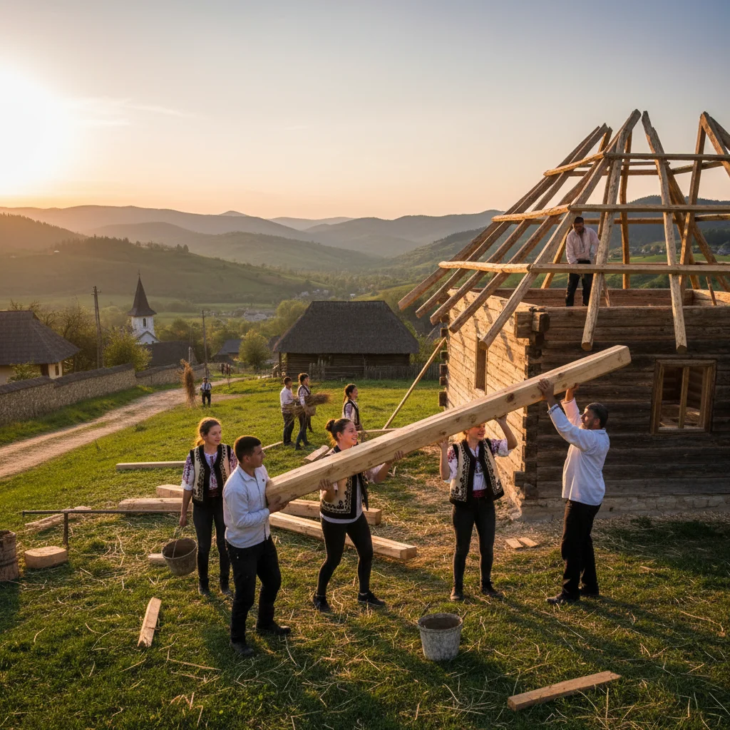 Tineri din Zalău implicați într-un proiect cultural la Bădăcin: casă tradițională ridicată de la temelie