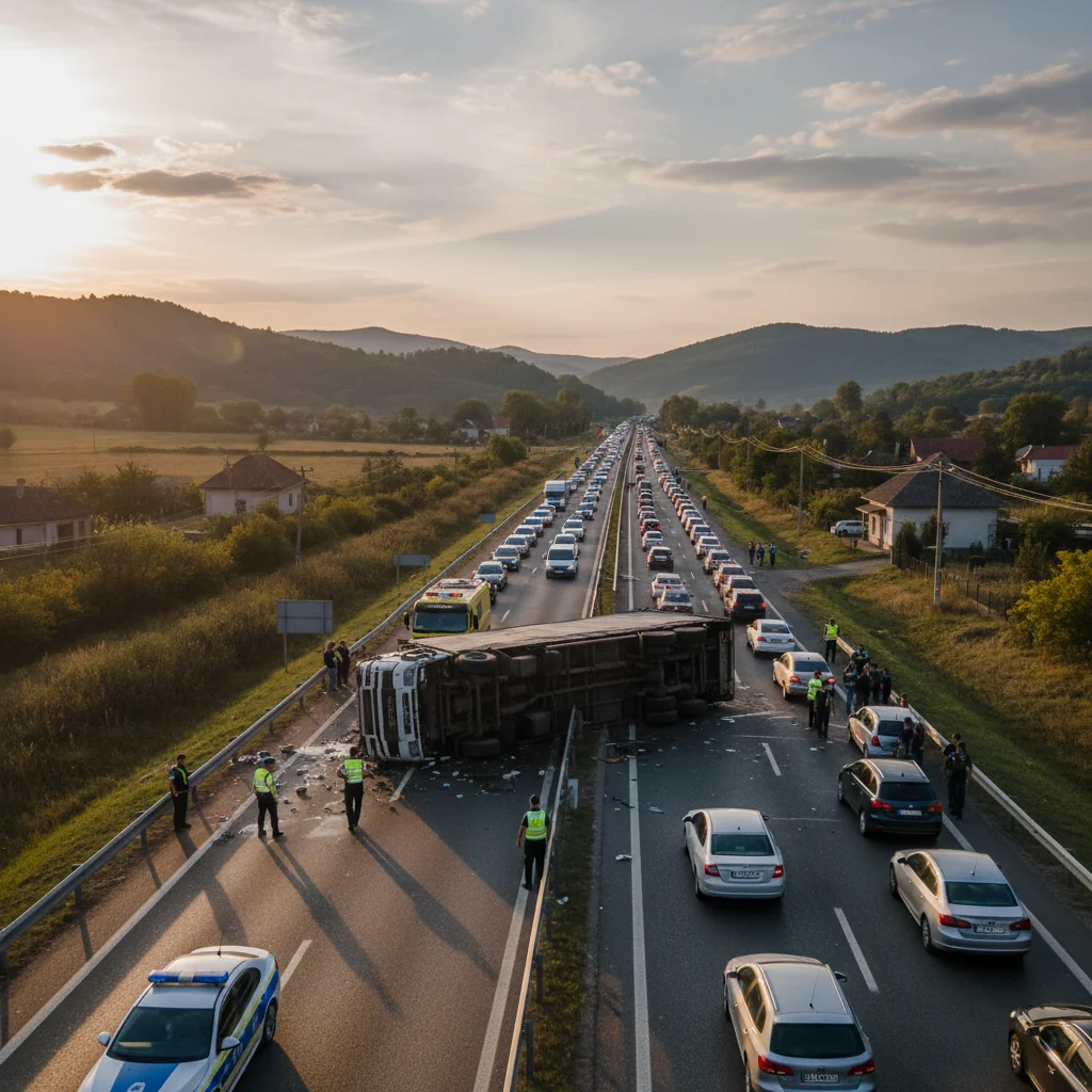 Trafic oprit temporar pe DN 1F la Zalău după răsturnarea unui autotren