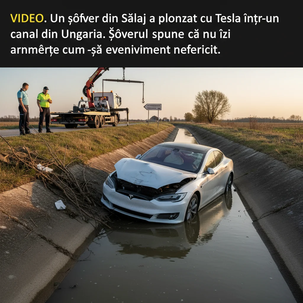 VIDEO. Conducător auto din Sălaj, la bordul unei Tesla, ajunge cu mașina într-un canal din Ungaria și declară că nu își amintește accidentul